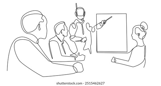 linha contínua de robô AI liderando uma reunião de negócios.desenho de uma linha de robô ai apresentando na frente do escritório grupo de trabalho.linha única trabalhando com tecnologia ai.fundo branco isolado
