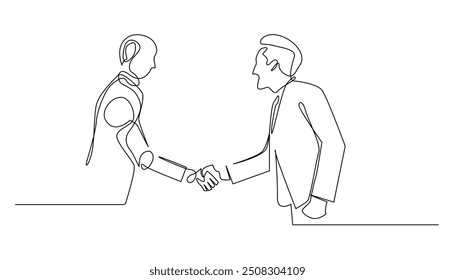 línea continua del robot de la IA que estrecha la mano con el hombre de negocios. Un dibujo de línea de la amistad del hombre de negocios con la tecnología de la IA. Interactuando con la IA. Ilustración vectorial de una sola línea