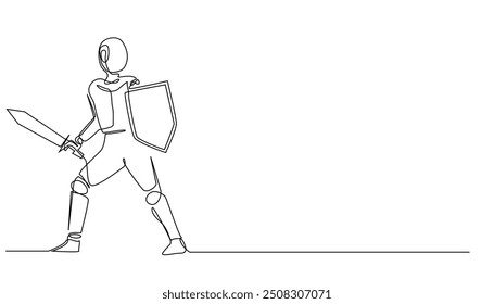 linha contínua de robô AI com escudo e espada.desenho de uma linha de IA para segurança de dados e informações.interagindo com AI.ilustração vetor de linha única