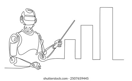 continuous line of AI technology for business.one line drawing of an AI robot pointing to an increasing business graphic.interacting with AI.technology advances in time.single line vector illustration