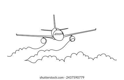A continuous line of an airplane flies above the clouds. Line art. Black simple line on a white background. Vector linear illustration