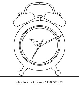 Continuous line alarm clock drawn on white background. Single line drawing Vector