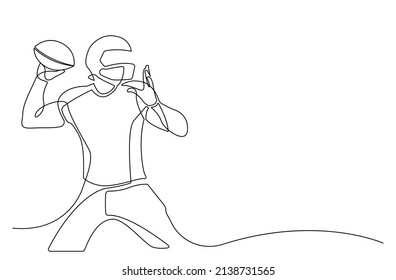 Continuous line american football player vector. single line draw design hold and ready to pass the ball for competition.