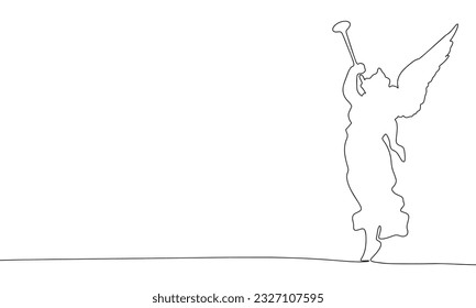 Continuous line angel with trumpet art. Single line religion concept. Line art, outline, banner in minimalism style. Vector illustration