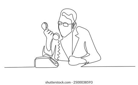 continuous line of angry business man while receiving telephone.drawing of one angry line on telephone.communicating with anger.single line vector illustration.isolated white background