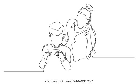 continuous line of angry mother while child plays with gadget. portrait of mother scolding her child one line drawing. little boy playing mobile phone forgetting to study vector single line