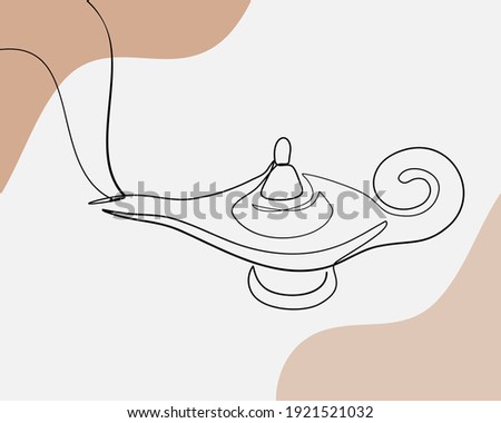 Continuous line, Antique Aladdin arabian nights genie style oil lamp. Drawing of set Magic. (Vector illustration one line drawing)