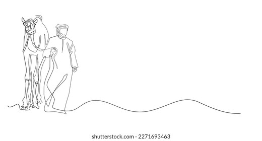 continuous line of arabian man leading camel in desert.portrait of arab traveler carrying camel