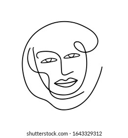 Continuous line art with absctact face portrait. Minimalist woman, girl character hand drawn with simple lines. Vector modern illustration