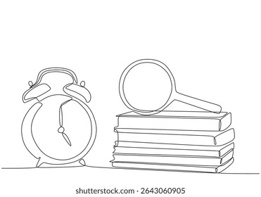 continuous line art of  alarm clock, books stack, and magnifying glass. Education one line concept.study time.line vector illustration