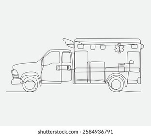 Continuous line art of an ambulance, symbolizing emergency response, healthcare, and medical services. A modern minimalist illustration for health and safety themes