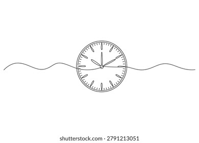 Continuous line art of an analog clock with horizontal wave abstract minimalist continuous illustration deadline schedule movement background creative monochrome isolated watchface