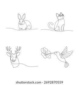 Kontinuierliche Linie Kunst der Tiere einschließlich Kaninchen Katze Hirsch und Kolibri auf weißem Hintergrund