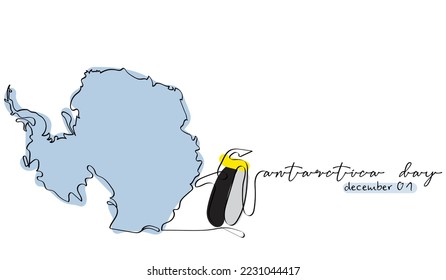 Continuous line art of Antarctica map and penguin. Antarctica day celebrated on December 1st. Cold and barren continent. Postcard design. Geophysical awareness. Climate changes art vector. svg