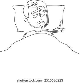 Continuous line art of an anxious man lying in bed, emphasizing his facial expression and pillow. Ideal for mental health, anxiety, and stress-related topics.