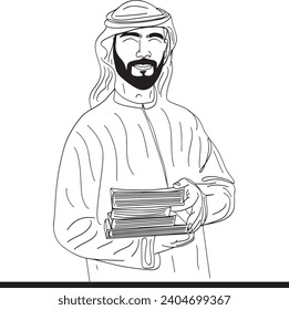Continua línea de arte de un estudiante árabe con libros en la mano, ilustración de caricatura de un hombre de Khaleeji sosteniendo libros, ilustración de una línea del hombre árabe