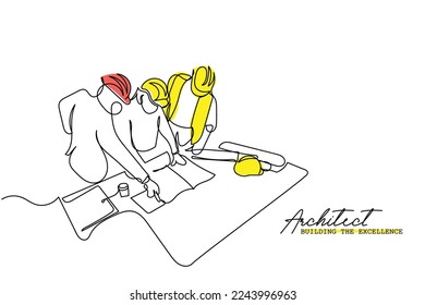Continuous line art of architects. Building architecture business concept. Architect briefing investors businessmen and foreman. One line vector art. Isolated Architect design. Engineer line art.