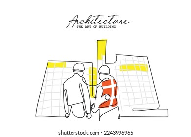 Continuous line art of architects. Building architecture business concept. Architect briefing investors businessmen and foreman. One line vector art. Isolated Architect design. Engineer line art.