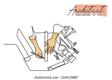 Continuous line art of architects and designers using stationery concept art. Designing is fun.