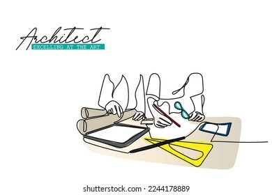 Continuous line art of architects and designers using stationery concept art. Designing is fun.