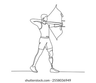 Continuous line art of an athlete with a prosthetic leg practicing archery, symbolizing determination, adaptive sports, and overcoming challenges in a minimalist artistic style.