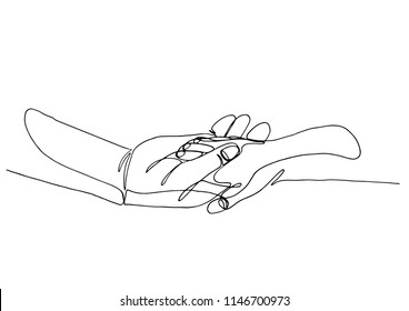 Continuous line art Baby holding little finger of adult hands together. One line design style.- vector illustration