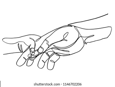 Continuous line art Baby holding little finger of adult hands together. One line design style.- vector illustration