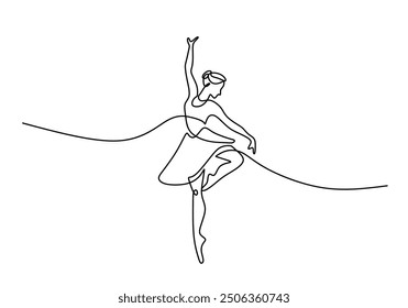 Continuous line art of a ballerina in an abstract dance pose. Black linear drawing of a ballet dancer isolated on a white background.