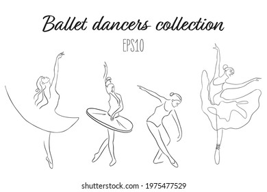 Continuous line art Ballet Dancers set. Ballet dancers in graceful postures, with pointe shoes and tutu. Hand drawn isolated vector illustrations for logo, emblem template, web, prints