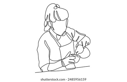 continuous line art of barista at work in a cafe