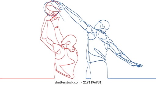 Continuous line art basketball blocking shot,  defender stops jump shot under the hoop during basketball game on basketball court