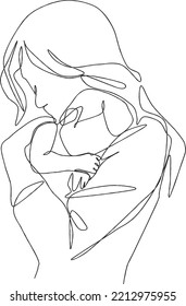 Continuous line art of a beautiful mother holding her baby. A mother is hugging her baby. Vector illustration. Mother's day. Mother with her baby.