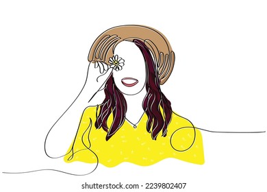 Arte continuo de una hermosa mujer de cabello rojo. Arte vectorial del día de la mujer. Psicología positiva. Pantalla visual de medios sociales. Día del cabello rojo. Apreciar la belleza. Día de la sonrisa. Día de la felicidad. Concepto.