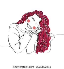 Continuous line art of a beautiful red haired woman. Women's day  vector art. Positive psychology. Social media visual display. Red hair day. Appreciate beauty. Smile day. Happiness day. Concept.