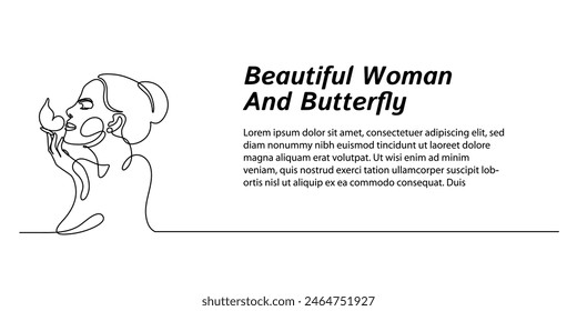 Continuous line art. beautiful woman and butterfly hand drawn minimalist design for web banners, advanced pages, simple for business and beauty purposes. Modest editable strokes	
