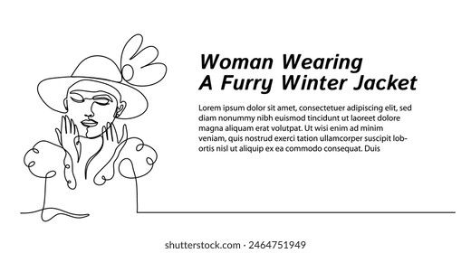 Continuous line art. beautiful women use hand-drawn minimalist design winter jacket dress for web banners, advanced pages, simple for business and beauty purposes. Modest editable strokes	
