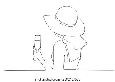 Continuous Line art of Beautiful young brunette woman with glass of wine with hat on sunny day. Isolated, vector