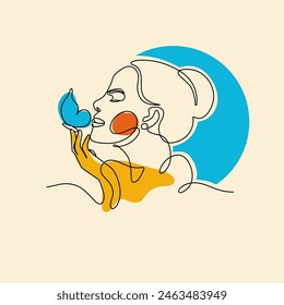 Continuous line art Beauty girl with butterfly. Portrait minimalistic . For wall decor, poster. Concept Vector Illustration	
