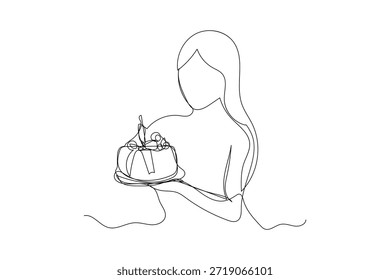 Continuous line art birthday cake in drawing single birthday cake with candle on the top minimalist black linear sketch isolated on white background vector.