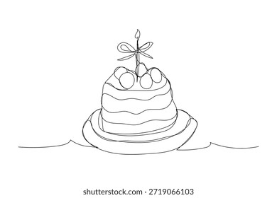 Continuous line art birthday cake in drawing single birthday cake with candle on the top minimalist black linear sketch isolated on white background vector.
