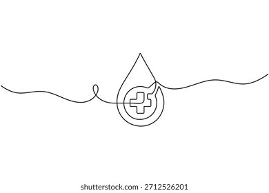 Continuous line art of a blood drop with a medical cross, symbolizing healthcare, donation, and wellness