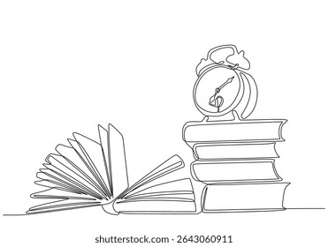 continuous line art of  books stack, opened book and alarm clock.education one line concept.study time.line vector illustration