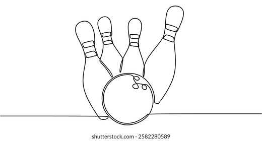 Continuous line art of bowling ball and pins. Represents bowling games, entertainment, and teamwork. Vector illustration hand drawn.