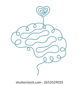 Arte de linha contínua do cérebro com símbolo cardíaco ilustração vetorial linear.