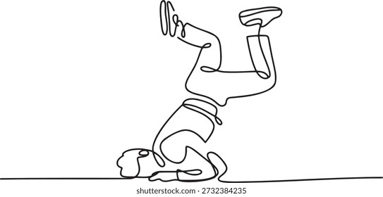 Kontinuierliche Linienart des Breakdancers, der während der akrobatischen Bewegung auf dem Kopf balanciert. Minimalistischer Single-Stroke-Vektor eines Straßentänzers, der Flip aufführt.