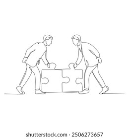 Continuous line art of Business Men Solving Puzzle.