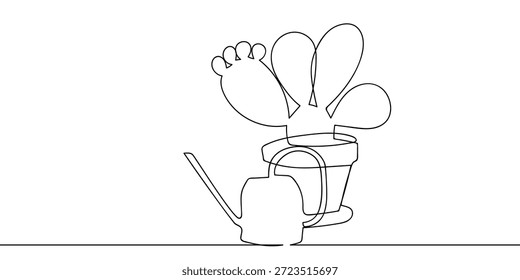 Arte de línea continua de un cactus en una olla y una regadera. arte de línea sobre fondo transparente