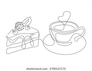 Kontinuierliche Linie Kunst von Kuchen und Kaffee. Linien-Symbol-fortlaufende Linien-Zeichnung. Bearbeitbarer Strich.	
