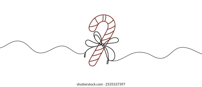 Continuous line art candy cane. Sweet treat of christmas candy, red lollipop in one line style. vector illustration