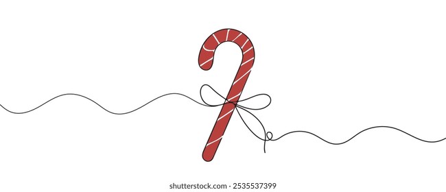 Continuous line art candy cane. Sweet treat of christmas candy, red lollipop in one line style. vector illustration